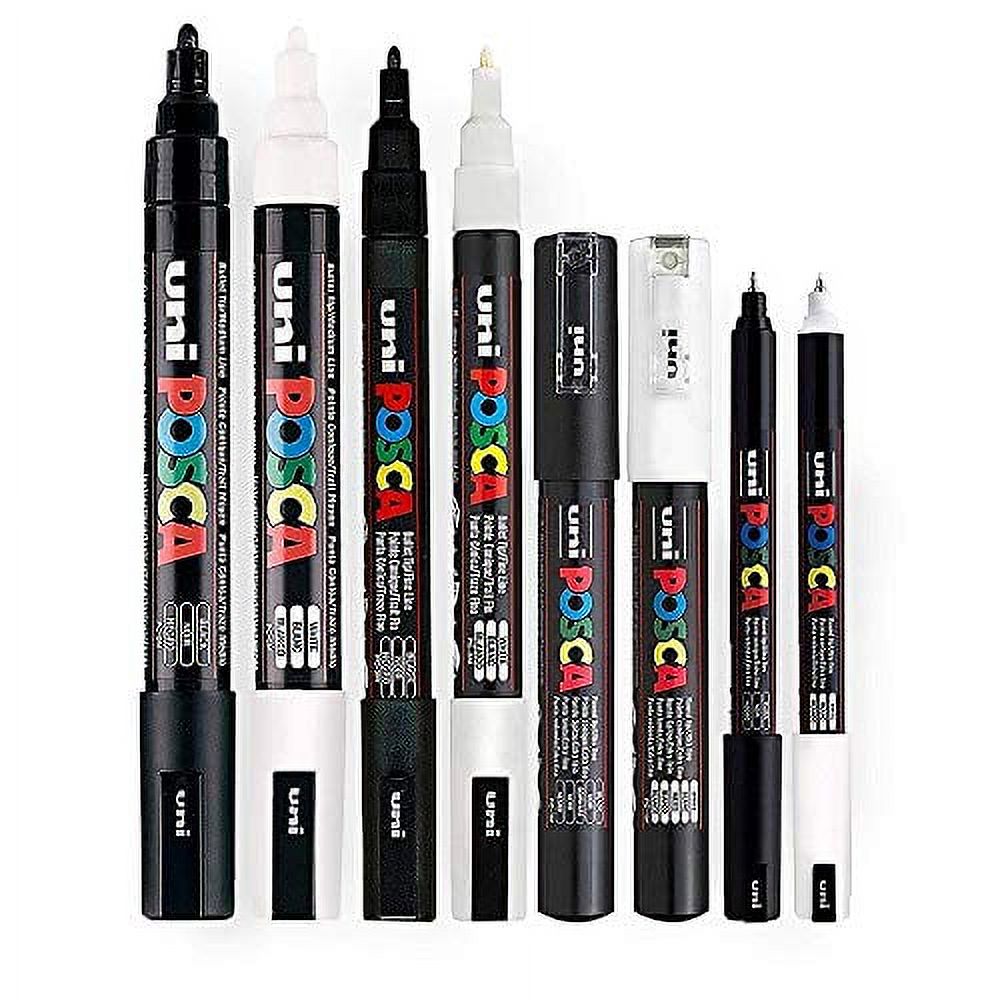 POSCA Black & White - Fine to Medium Set of 8 Pens (PC-5M, PC-3M, PC-1M,  PC-1MR) 
